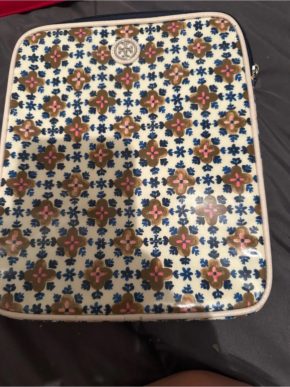 Tory Burch Cream Floral Coated Canvas iPad Sleeve with Navy and Pink Accents